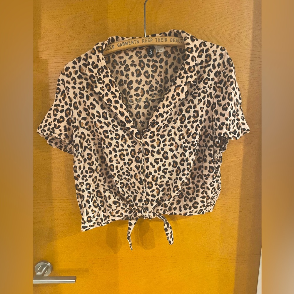 Divided Leopard-print Tied Button-down Shirt